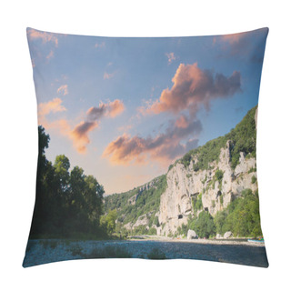 Personality  This Image Encapsulates A Breathtaking Sunset In The Ardeche Region, With The Last Rays Of The Sun Casting A Warm Glow On The Clouds And The Tops Of The Towering Limestone Cliffs. The Ardeche River Pillow Covers