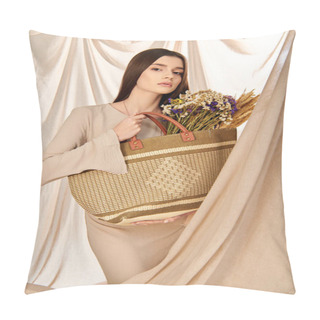 Personality  A Young Woman With Long Brunette Hair Poses In A Summer Outfit, Delicately Holding A Basket Filled With Colorful Flowers. Pillow Covers