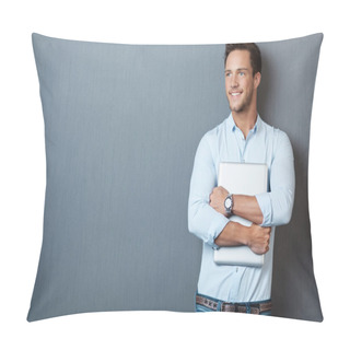 Personality  Portrait Of Smiling Man With Laptop Pillow Covers