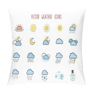 Personality  Set Of Color Vector Weather Icons. Doodle Style Symbol. Illustration By Hand. Pillow Covers