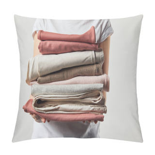 Personality  Cropped View Of Woman Holding Folded Ironed Clothes Isolated On Grey Pillow Covers