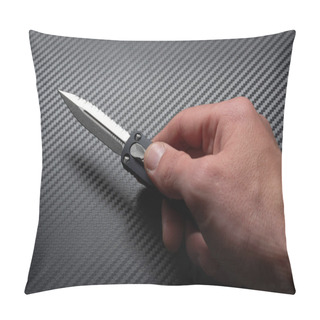Personality  A Knife With A Double-sided Sharpened Blade. Automatic Folding Knife. Knife In Hand. Black Background. Pillow Covers