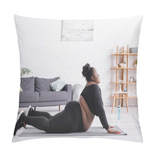 Personality  Side View Of African American Plus Size Woman In Sportswear Exercising On Fitness Mat In Living Room Pillow Covers