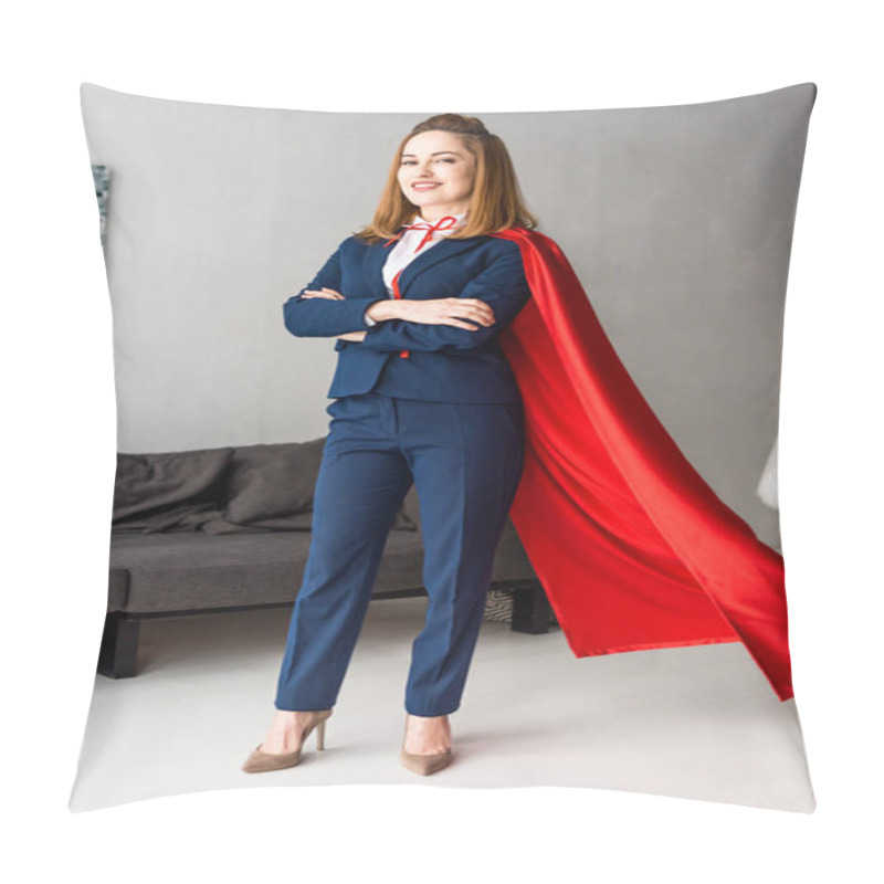Personality  smiling businesswoman with crossed hands in blue suit and red cape looking at camera pillow covers