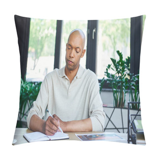 Personality  Man With Ptosis Syndrome Taking Notes, Bold African American Businessman At Work, Dark Skinned Office Worker With Myasthenia Gravis Disease, Diversity And Inclusion  Pillow Covers