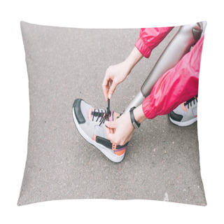 Personality  Cropped View Of Disabled Sportswoman Tying Shoelace On Street Pillow Covers