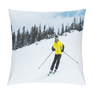Personality  Skier In Helmet Holding Sticks And Skiing On Slope In Mountains  Pillow Covers