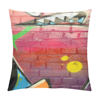 Personality  Abstract Colorful Fragment Of Graffiti Paintings On Old Brick Wall. Street Art Composition With Parts Of Unwritten Letters And Multicolored Stains. Subcultural Background Texture In Red Colors Pillow Covers