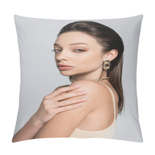 Personality  Brunette Woman In Trendy Accessories Posing Isolated On Grey Pillow Covers