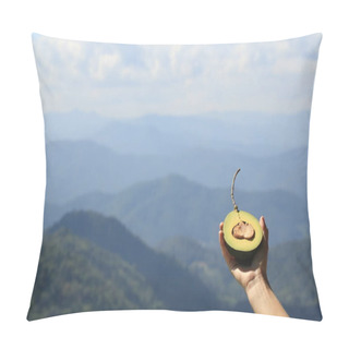 Personality  Hand Holding Avocado Half Against Mountain Landscape Pillow Covers