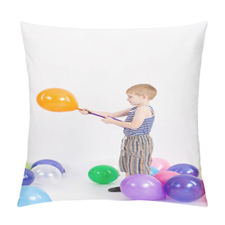 Personality  The Little Boy Inflates The Balloon On The White Background Pillow Covers