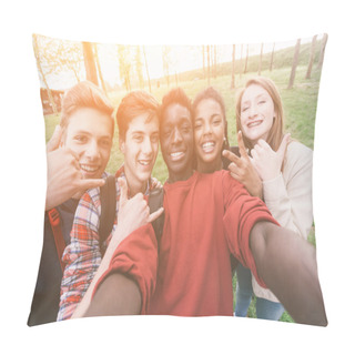 Personality  Group Of Multiethnic Teenagers Taking A Selfie Pillow Covers