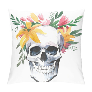 Personality  Human Skull And Flowers. Watercolor Painting Pillow Covers
