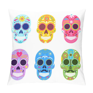 Personality  El Dia De Muertos, Mexican Day Of Dead Vector Illustrations. Cartoon Traditional Folk Ornament Art On Dead Skulls From Mexico, Sombrero And Guitar, Skeleton Masks For Party Icon Set Isolated On White. Pillow Covers