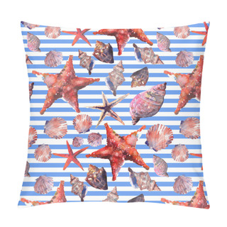 Personality  Bright Cute Graphic Lovely Beautiful Wonderful Summer Fresh Marine Beach Colorful Seashells And Starfishes On White Blue Stripes Background Pattern Watercolor Hand Illustration. Perfect For Greeting Card, Textile Design Pillow Covers