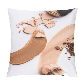 Personality  Top View Of Cosmetic Brushes With Face Foundation Brushstrokes And Powder On White Pillow Covers