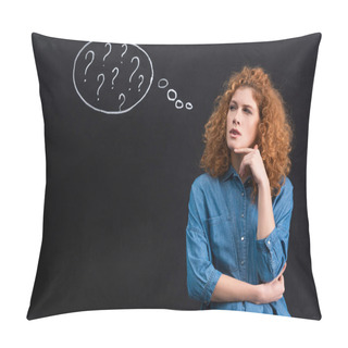 Personality  Thoughtful Redhead Young Woman With Question Marks In Thought Bubble On Blackboard Pillow Covers