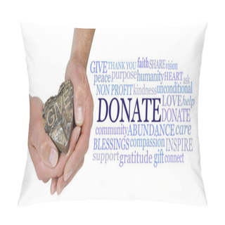 Personality  Words Associated With Charitable Donations - Male Hands Holding A Wooden Heart Engraved With 'GIVE' Beside A DONATE Word Cloud Isolated On A White Background                                Pillow Covers