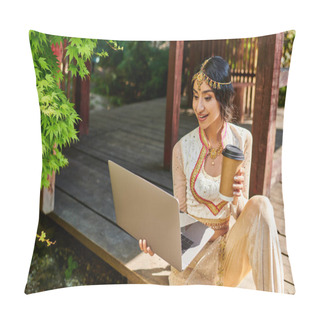 Personality  Authentic Style Indian Woman With Paper Cup And Laptop Sitting In Alcove In Park On Summer Day Pillow Covers