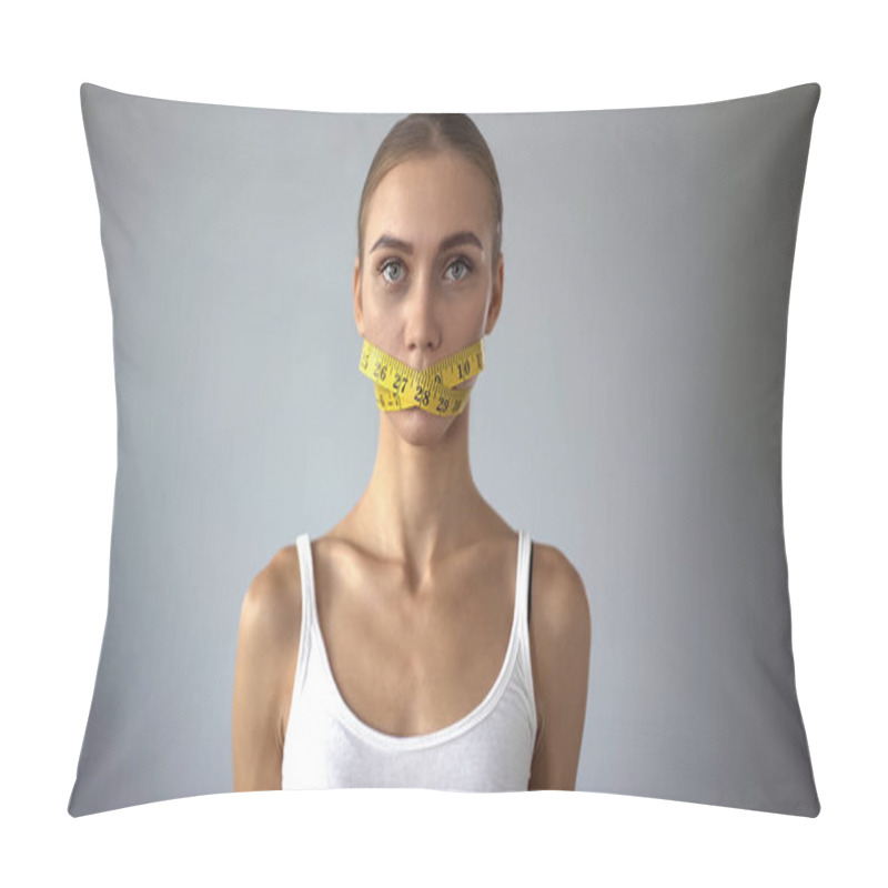 Personality  Lady With Tape Closing Mouth Looking At Camera, Weight Loss Calculating Calories Pillow Covers