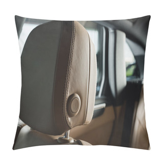 Personality  KYIV, UKRAINE - OCTOBER 7, 2019: Selective Focus Of Beige Headrest In New Luxury Porshe Pillow Covers