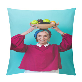 Personality  Smiling Senior Woman Holding Fresh Fruits On Head, Isolated On Turquoise  Pillow Covers