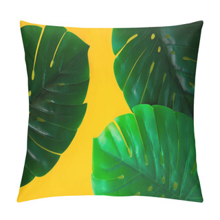 Personality  Green Tropical Monstera Leaves On Bright Yellow Background. Creative Nature Layout Made Leaves. Concept Art. Summer Concept, Tropical Monstera Background. Pillow Covers