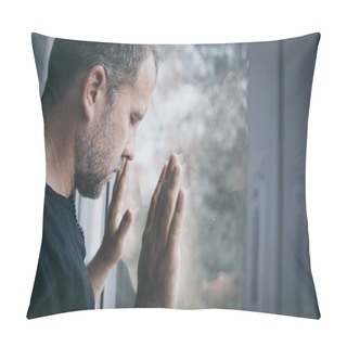 Personality  Portrait One Sad Man Standing Near A Window At The Day Pillow Covers