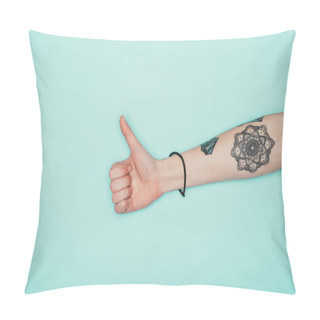 Personality  Cropped Shot Of Woman Showing Thumb Up Isolated On Turquoise Pillow Covers