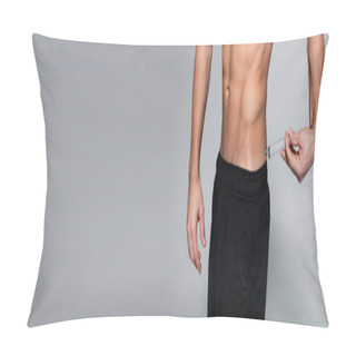 Personality  Cropped View Of Shirtless And Muscular Sportsman Injecting Himself In Back On Grey, Banner Pillow Covers