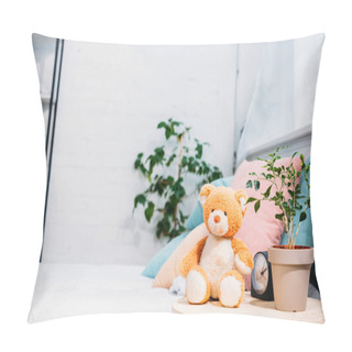Personality  Teddy Bear With Plant And Alarm Clock In Front Of Bed Pillow Covers