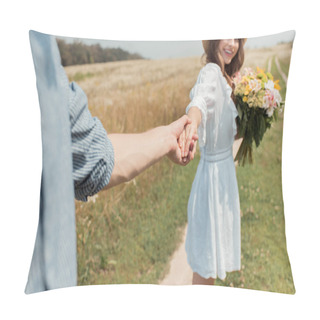 Personality  Partial View Of Smiling Woman With Bouquet Of Wild Flowers And Boyfriend Holding Hands In Field Pillow Covers
