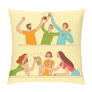 Personality  Group Of Men And Women Drinking At The Bar. People Having Fun. Colorful Vector Illustration For Your Design. Pillow Covers