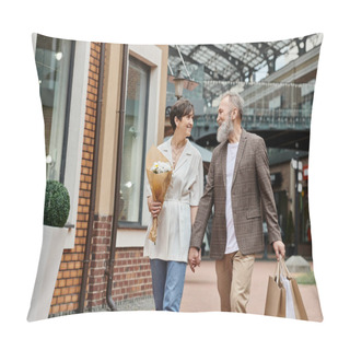 Personality  Happy Elderly Couple During Shopping, Flowers, Senior Man And Woman Holding Hands, Aging Population Pillow Covers