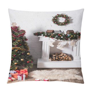 Personality  Gift Boxes Near Festive Pine And Christmas Wreath Above Decorated Fireplace Pillow Covers