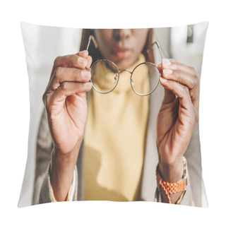 Personality  Cropped View Of African American Adult Businesswoman In Formal Wear Putting On Glasses Pillow Covers