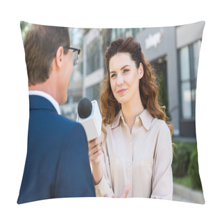 Personality  Beautiful Journalist With Microphone Interviewing Professional Businessman Pillow Covers