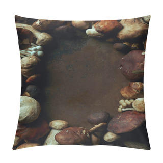 Personality  Top View Of Various Fresh Edible Mushrooms On Dark Background Pillow Covers