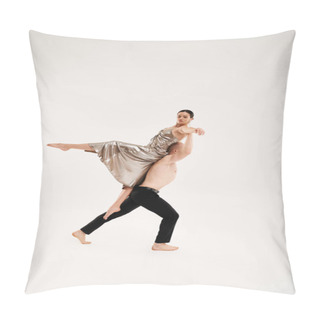 Personality  Shirtless Young Man And Woman In Shiny Dress Executing Acrobatic Dance Moves On White Background Pillow Covers