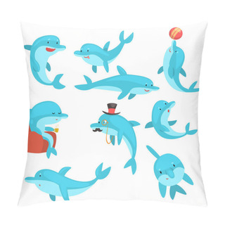 Personality  Cute Dolphins Set, Cartoon Sea Animal Characters Swimming, Jumping, Playing Vector Illustration Pillow Covers