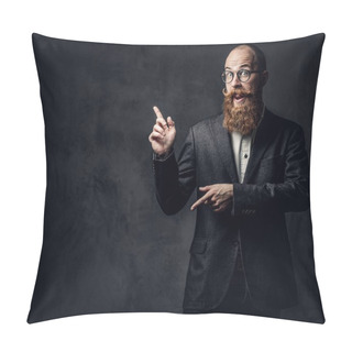 Personality  Portrait Of Redhead Bearded Male In Eyeglasses Dressed In An Elegant Wool Suit Over Grey Background. Pillow Covers