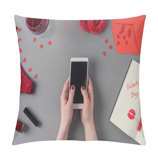 Personality  Cropped Image Of Woman Holding Smartphone In Hands, Notebook With Words Valentines Day Pillow Covers