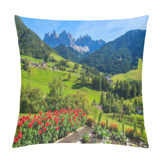 Personality  Red Flowers And View Of Val Di Funes Mountain Valley, Dolomites Pillow Covers