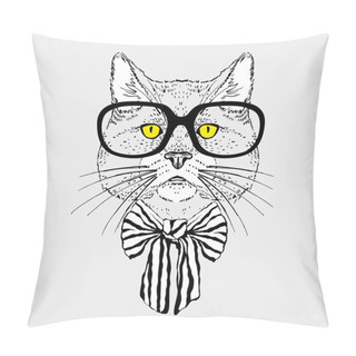 Personality  Fashion Portrait Of Hipster Cat In Big Glasses And Striped Bow Pillow Covers