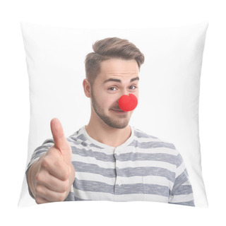 Personality  Young Man With Red Clown Nose On White Background. April Fool's Day Celebration Pillow Covers