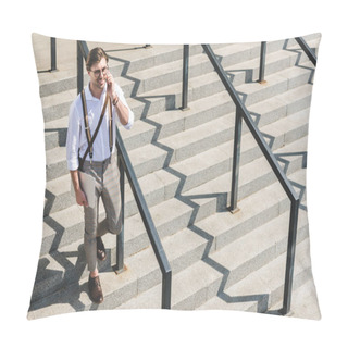 Personality  High Angle View Of Handsome Young Man With Folded Laptop Walking On Stairs On City Street And Talking By Phone Pillow Covers