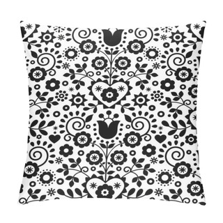 Personality  Polish Traditional Vector Seamless Pattern With Flowers And Hearts Inspired By Folk Art Embroidery Lachy Sadeckie - Black And White Textile Or Fabric Print Ornament Pillow Covers
