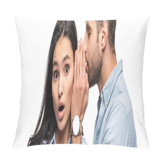 Personality  Panoramic Shot Of Man Telling Secret To Shocked Young Woman Isolated On White Pillow Covers