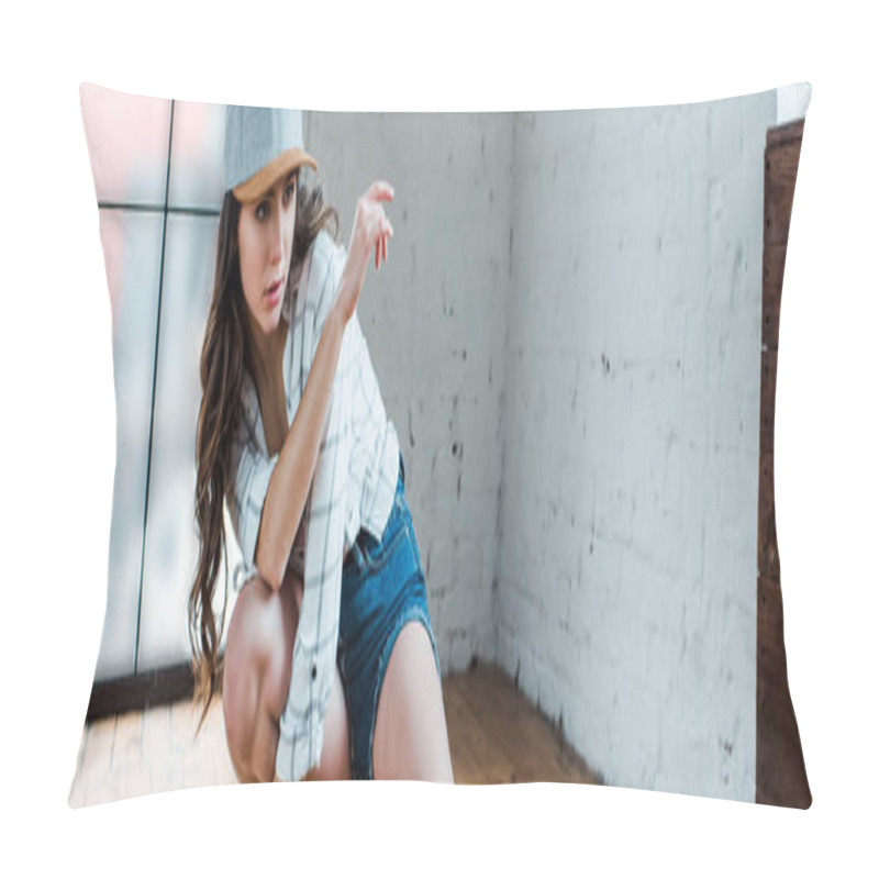 Personality  panoramic shot of attractive dancer posing in dance studio  pillow covers