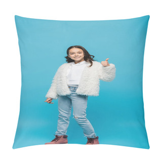 Personality  Full Length Of Positive Preteen Girl In Faux Fur Jacket And Winter Boots Showing Thumb Up On Blue Pillow Covers